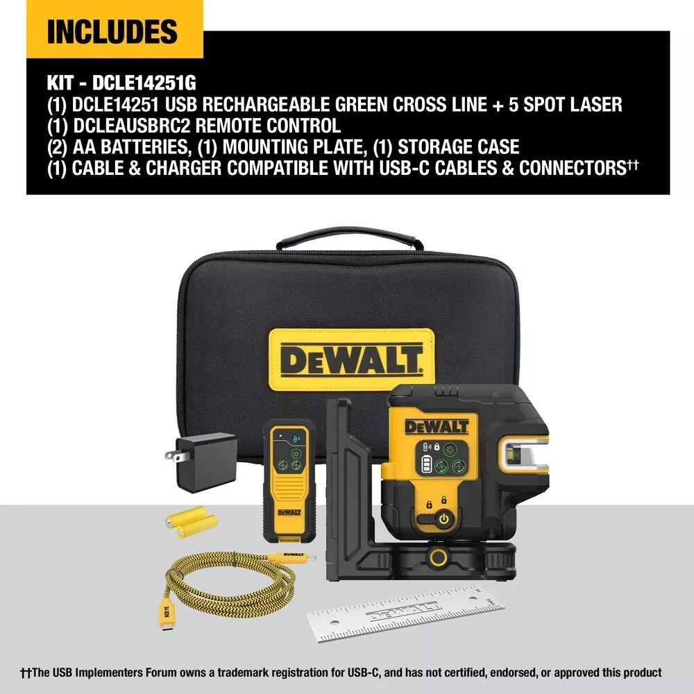 DeWalt DCLE14251G USB Rechargeable Green 5 Spot and Cross Line Laser Kit