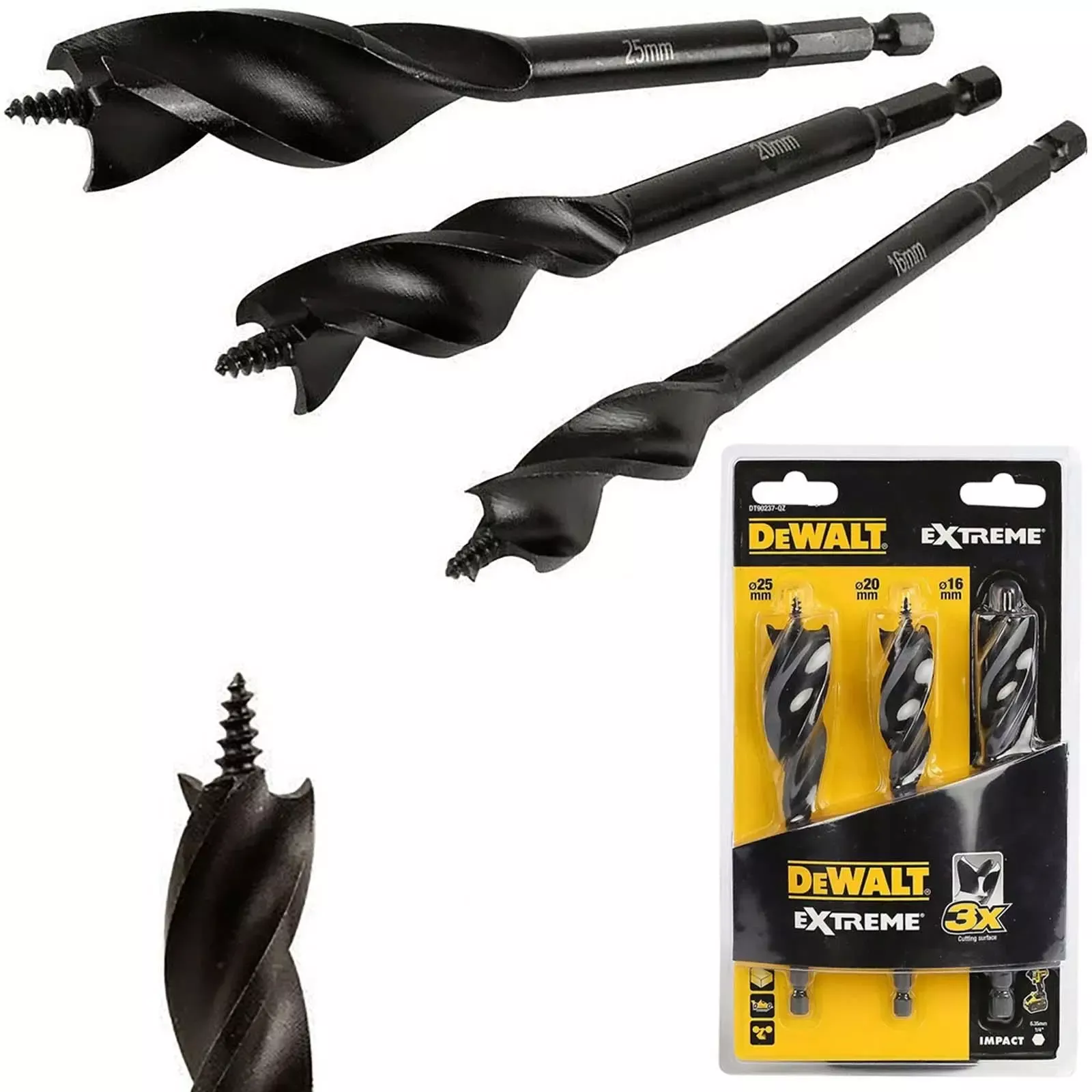 DeWalt Extreme Auger Drill Bit Set Tri Flute Spade Wood Self-Feed 3pc 152mm