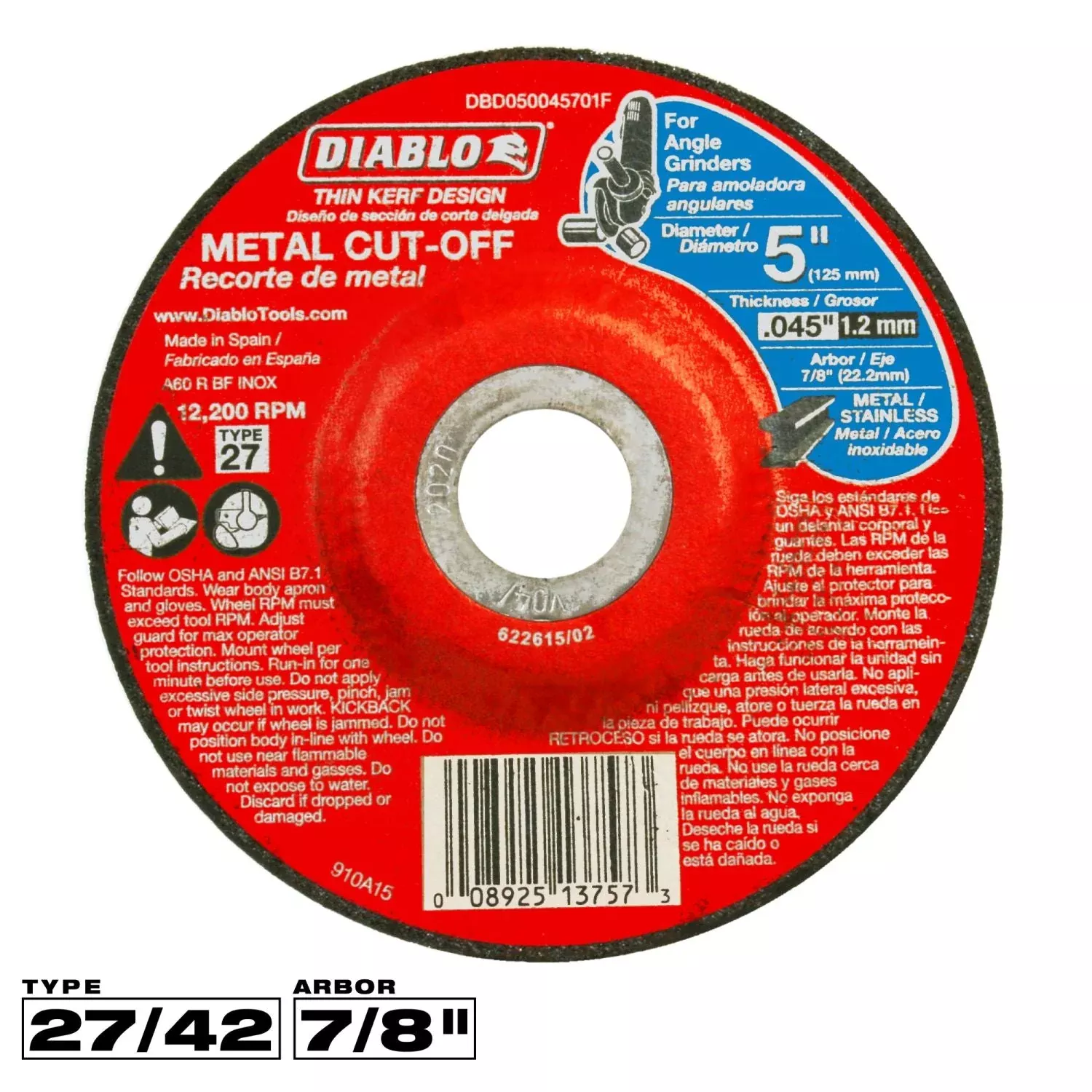 Diablo DBD050045701F 5 in. Type 27 Metal Cut-Off Disc