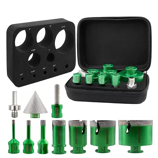 Diamond Core Drill Bits Kit - 10pcs 6/8/10/25/35/50/65mm+2" Beveling Chamfer Bit+1-3/8" Finger Milling Bit+Triangle Adapter to 5/8-11" Thread for Porcelain Ceramic Tile Granite Marble