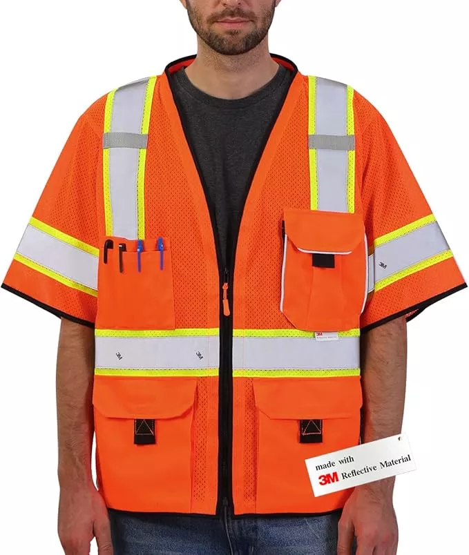 Dib Safety Reflective Mesh Vest ANSI Class 3, High Visibility with Pockets and Zipper, Made with 3M Reflective Tape, Orange L