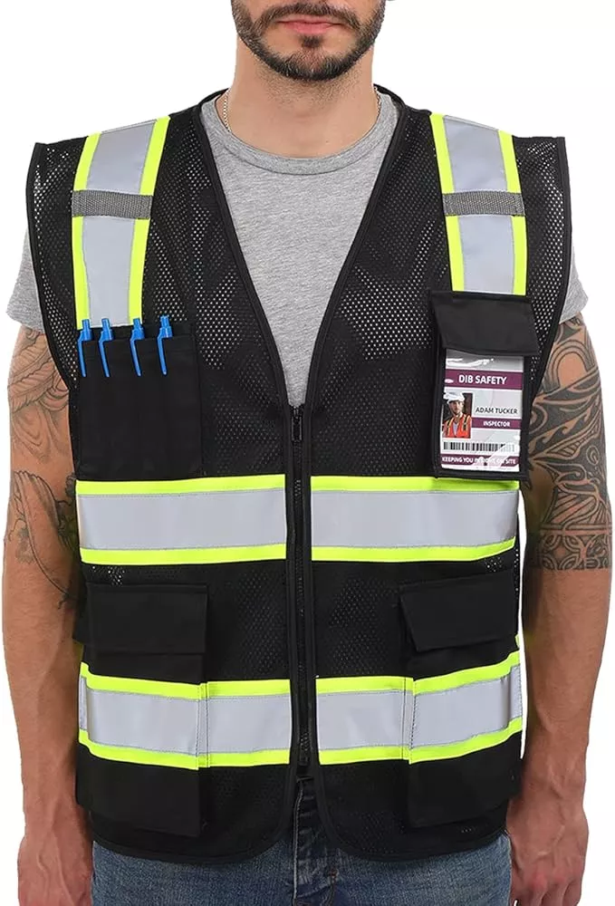 Dib Safety Reflective Mesh Vest High Visibility Two Tone with Pockets and Zipper, Black Mesh with Yellow Trim 3X