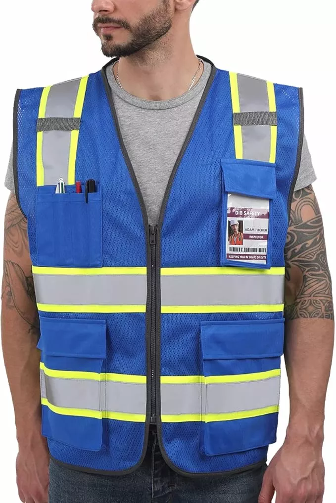 Dib Safety Reflective Mesh Vest High Visibility Two Tone with Pockets and Zipper, Blue Mesh with Yellow Trim 3X