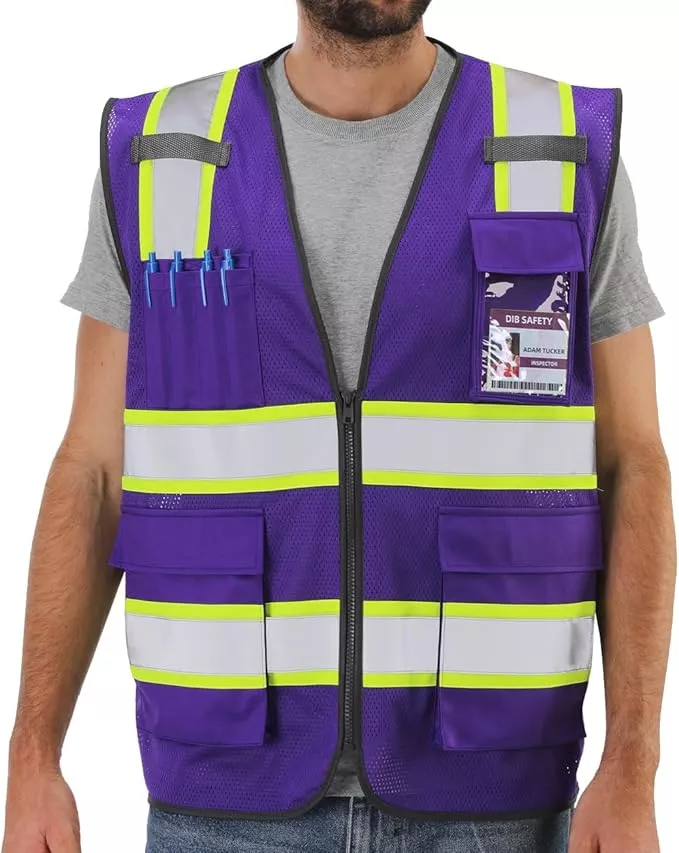 Dib Safety Reflective Mesh Vest High Visibility Two Tone with Pockets and Zipper, Purple Mesh with Yellow Trim 4XL