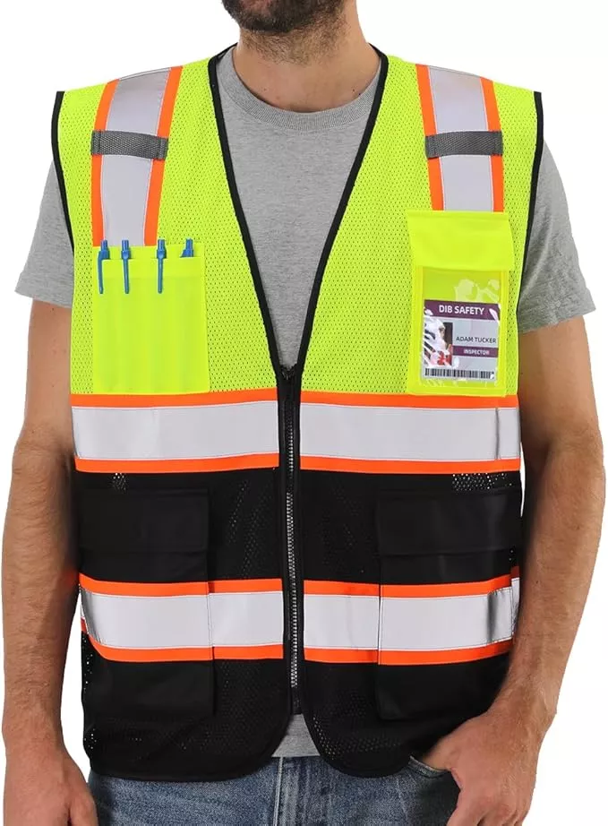 Dib Safety Reflective Mesh Vest High Visibility Two Tone with Pockets and Zipper, Yellow and Blue Mesh with Orange Trim 4XL