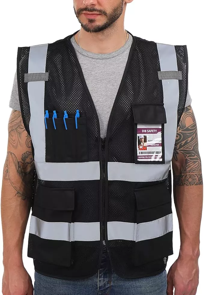 Dib Safety Reflective Mesh Vest High Visibility with Pockets and Zipper, Black Mesh S