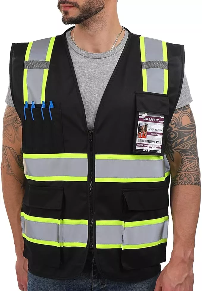 Dib Safety Reflective Vest High Visibility with Pockets and Zipper, Black with Yellow Trim 4XL