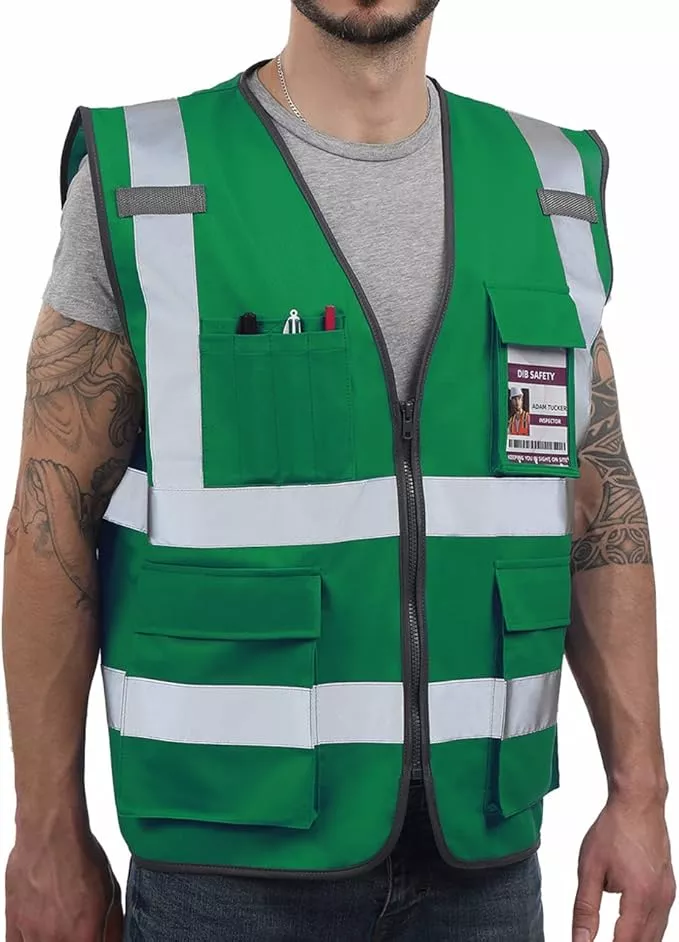 Dib Safety Reflective Vest High Visibility with Pockets and Zipper, Green M