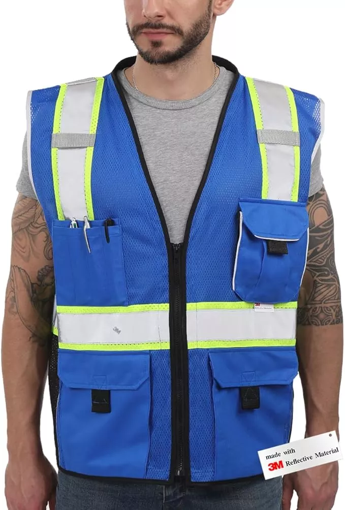 Dib Safety Vest Reflective Blue Mesh, High Visibility Vest with Pockets and Zipper, Heavy Duty Vest Made with 3M Reflective Tape 2XL