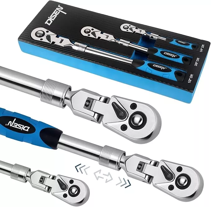 DISEN 3-Piece Extendable Flex-Head Ratchet Wrench Set with EVA Storage Case - 1/4", 3/8", 1/2" Drive, 72-Tooth, Rubber Grip, Adjustable Length - Professional Automotive and DIY Tools