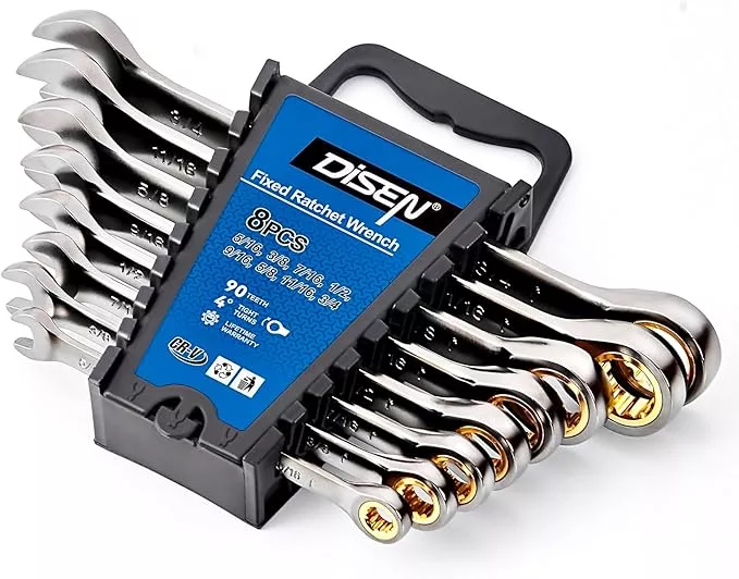 DISEN Ratcheting Wrench Set SAE Upgraded Open&Box End 90 Teeth 5/16", 3/8", 7/16", 1/2", 9/16", 5/8", 11/16", 3/4" Combination Ratchet Wrenches with Organizer, Black Nickel Coated,CR-V Steel (8PCS)