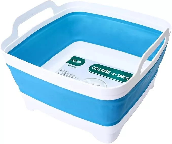 Dish Basin Collapsible with Drain Plug Carry Handles for 9 L Capacity, Collapsible Sink Tub, Dish Wash Basin, Portable Dish Tub, Foldable Dishpan for Camping Dish Washing Tub and RV Sink