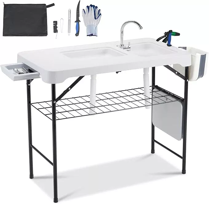 Dragosum 42'' Outdoor Fish Cleaning Table Portable Camping Sink Station with Double Sinks, Collapsible Swivel Faucet, Picnic Sink Table for Picnic Beach Patio