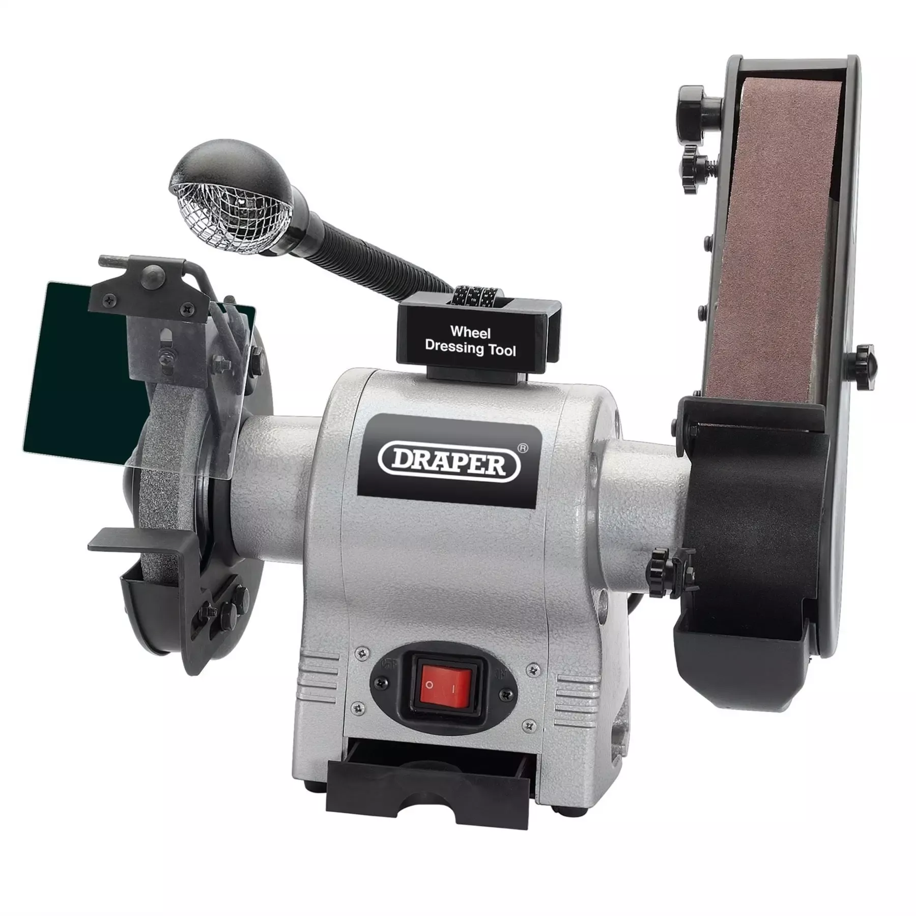 Draper Bench Grinder with Sanding Belt and Work light 150mm 370W 05096