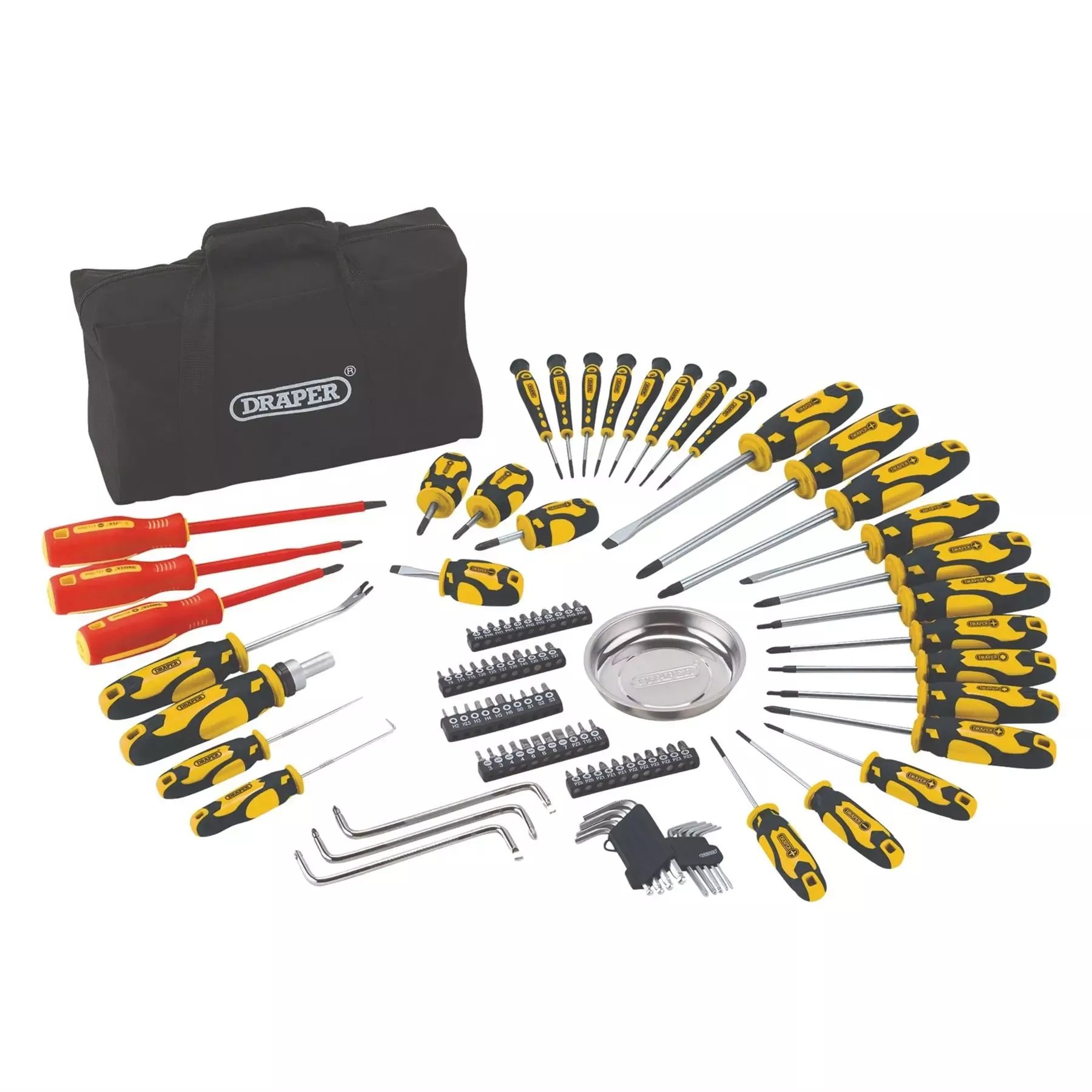Draper Screwdriver and Bit Set with Soft Storage Bag Yellow (100 Piece) 03992