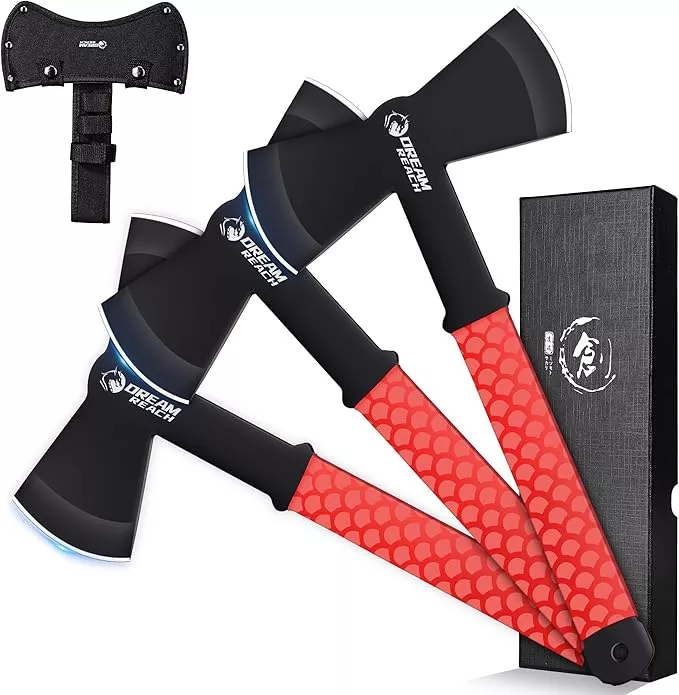 Dream Reach Throwing Axe Set - 3PCS Full Tang Handle Double Sided Throwing Hatchets with TPR Rubber Sleeve and Protective Sheaths for Recreation and Competition