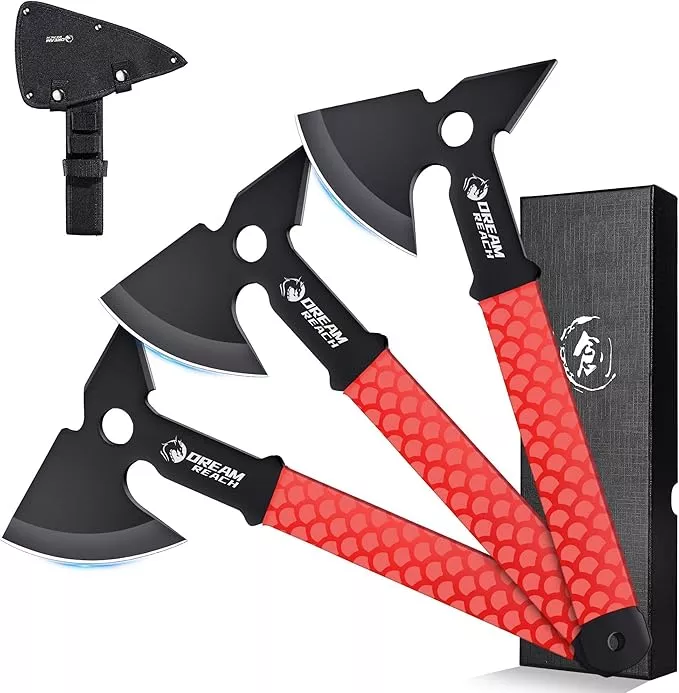 Dream Reach Throwing Axe Set - 3PCS Full Tang Throwing Hatchets with TPR Rubber Sleeve and Protective Sheaths for Recreation and Competition