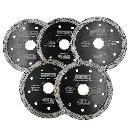 DT-DIATOOL Diamond Granite Blade 4-1/2 Inch for Marble Porcelain Tile Ceramic Diamond Cutting Disc with Mesh Turbo Diamond Segments Pack of 5