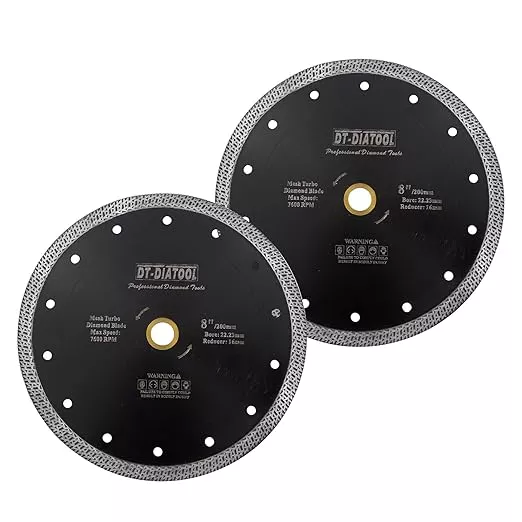 DT-DIATOOL Diamond Granite Blade 8 Inch for Marble Porcelain Tile Ceramic Diamond Cutting Disc with Mesh Turbo Diamond Segments Pack of 2
