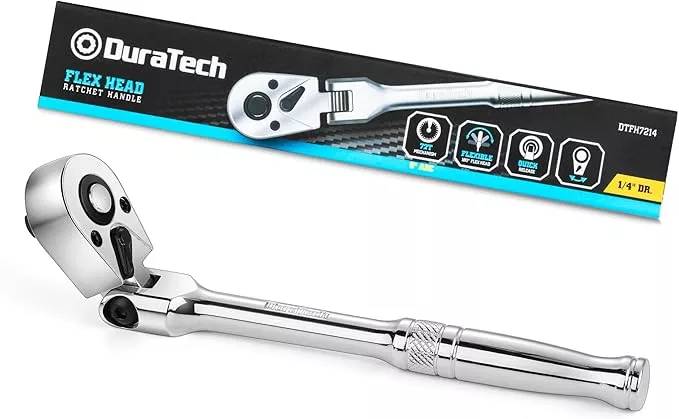 DURATECH 1/4" Drive Flex-Head Ratchet, 72-Tooth Ratchet Wrench, Quick-release, Reversible Switch, Full-Polished Chrome Plating, Alloy Steel
