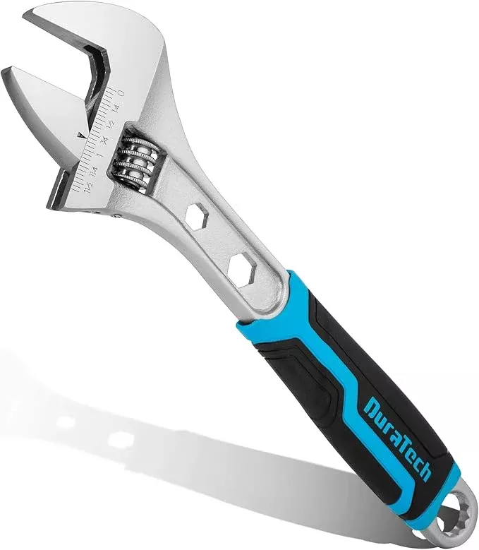 DURATECH 12 Inch Adjustable Wrench, 3-in-1 Spanner with Box End/Hex Function, CR-V Steel, Metric & SAE Scales, Chrome-plated, Bi-material soft Grip