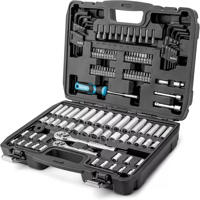 DURATECH 121-Piece Mechanics Tool Kits, Include SAE/Metric Sockets Set, 72-Tooth Drive Ratchet, 40-in-1 Magnetic Screwdriver, and Hex Keys with Carrying Tool Box for Auto Repair