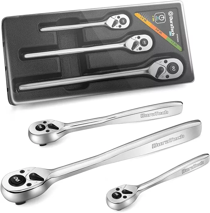 DURATECH 3-Piece Ratchet Set, 1/4", 3/8", 1/2" Drive, 90-Tooth, Quick-release, Contour Handle Designed for Better Grip, Alloy Steel, Organized in Plastic Tray