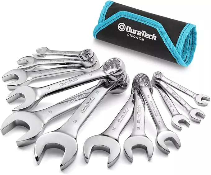 DURATECH Stubby Combination Wrench Set, Metric, 12-Piece, 8-19mm, 12 Point, CR-V Steel, with Rolling Pouch
