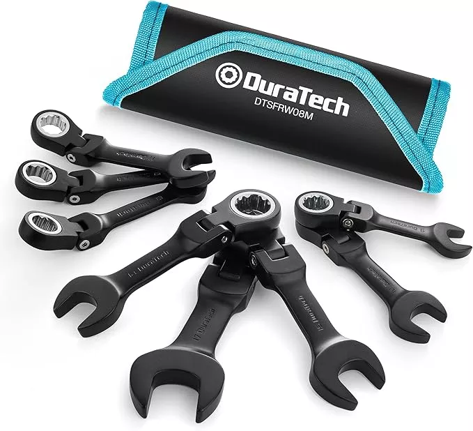 DURATECH Stubby Flex-head Ratcheting Combination Wrench Set, 8-piece, Metric, 9 to 17mm, CR-V Steel, Black Electrophoretic Coating, with Rolling Pouch