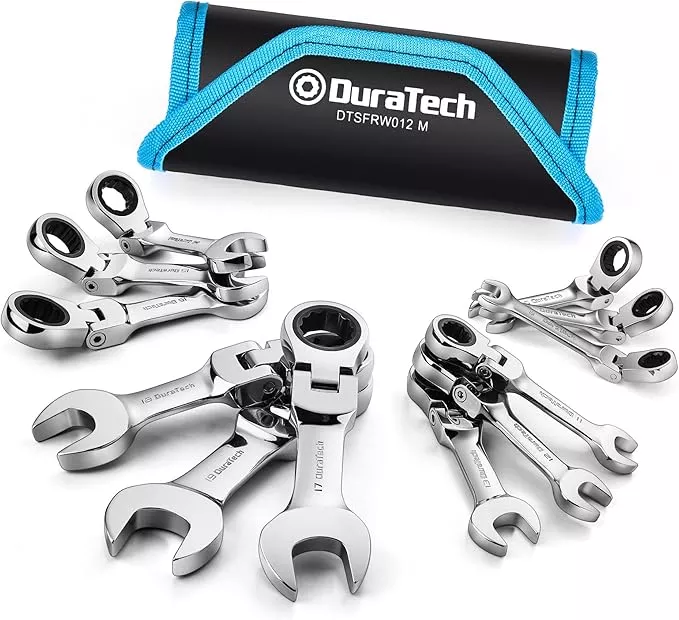 DURATECH Stubby Flex-head Ratcheting Combination Wrench Set, Metric, 12-piece, 8-19mm, CR-V Steel, with Pouch