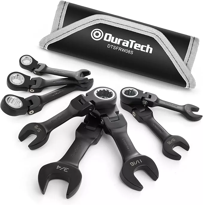 DURATECH Stubby Flex-head Ratcheting Combination Wrench Set, SAE, 8-piece, 5/16" to 3/4", CR-V Steel, Black Electrophoretic Coating, with Rolling Pouch