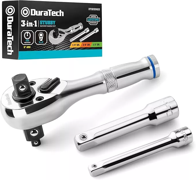 DURATECH Stubby Ratchet Set, 3-IN-1 Ratchet Handle, with 2 Extension Bars, 1/4", 3/8", 1/2" Drive Ratchet Wrench, 72-Tooth, Reversible Switch, Full-Polished Chrome Plating, Alloy Steel
