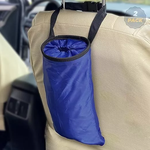 EcoNour 2 Pack Blue Car Trash Bag | Washable Back Seat Hanging Bag with Elastic Opening & Easy Mount | Garbage Can with Waterproof Oxford Material | Accessories for Camping, Traveling & Outdoor