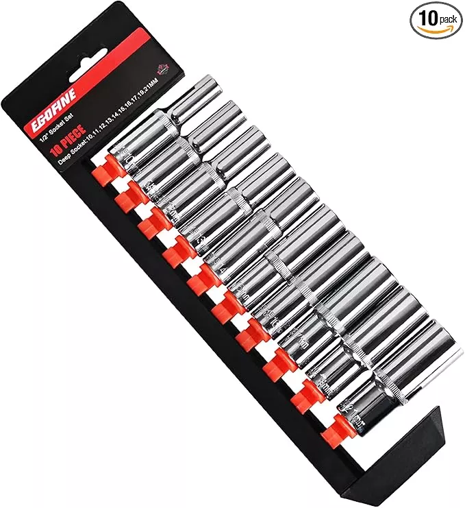 Egofine 10PCS 1/2” Drive Deep Socket Set,Metric Socket Set(10mm-21mm,6 Point Socket Set With Hanging Bracket,Cr-V Steel