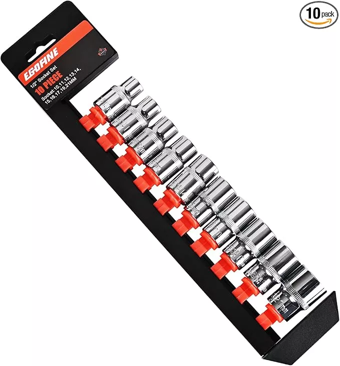 Egofine 10PCS 1/2” Drive Standard Socket Set,Shallow Socket Set,Metric Socket Set(10mm-21mm,6 Point Socket Set With Hanging Bracket,Cr-V Steel