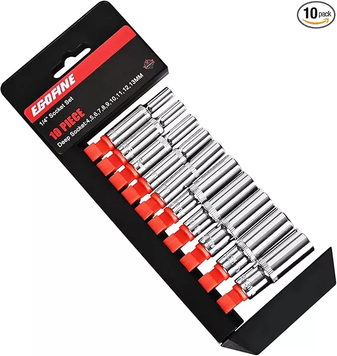 Egofine 10PCS 1/4” Drive Deep Socket Set,Metric Socket Set(4-13mm,6 Point Socket Set With Hanging Bracket,Cr-V Steel