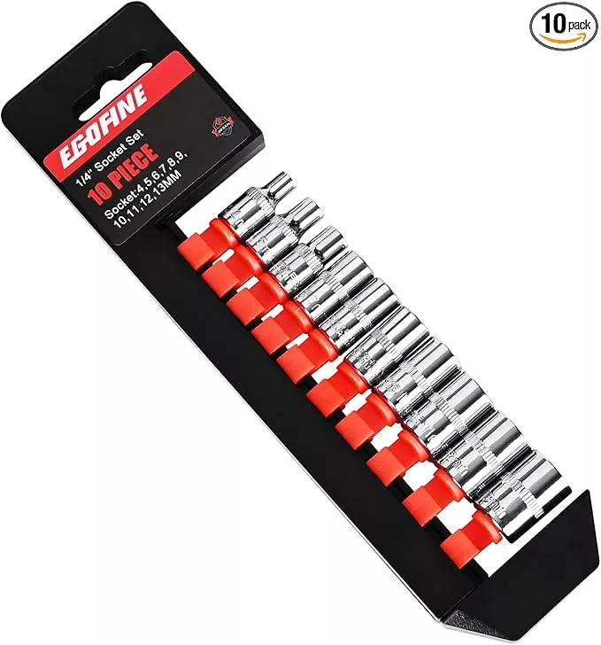 Egofine 10PCS 1/4” Drive Standard Socket Set,Shallow Socket Set,Metric(4-13mm,6 Point Socket With Hanging Bracket,Cr-V Steel