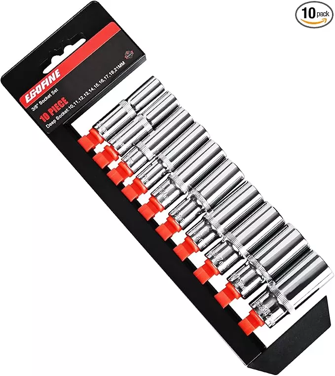 Egofine 10PCS 3/8” Drive Deep Socket Set,Metric Socket Set（10-21mm,6 Point Socket Set With Hanging Bracket,Cr-V Steel