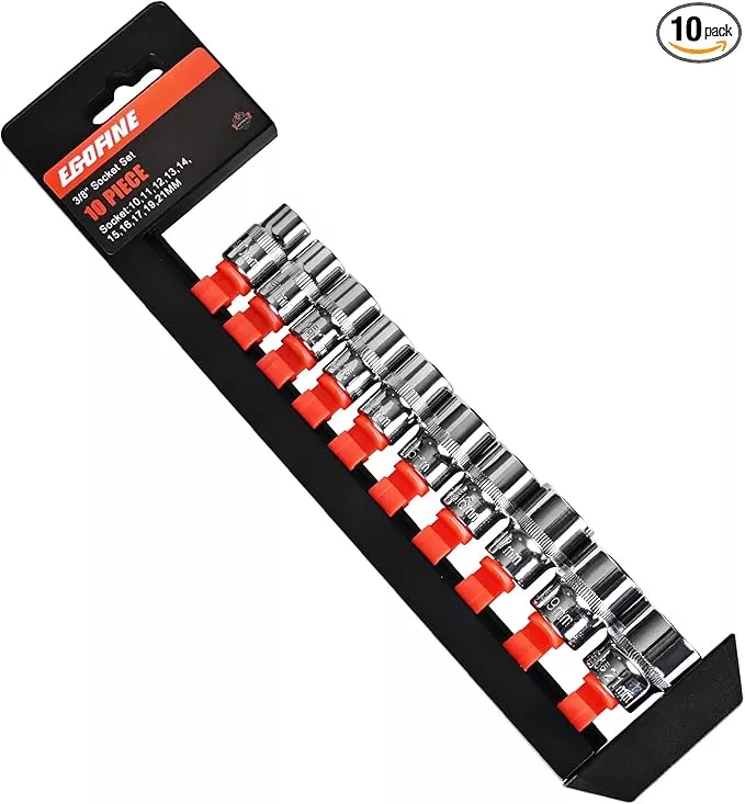 Egofine 10PCS 3/8” Drive Standard Socket Set,Shallow,Metric(10-21mm,6 Point Socket Set With Hanging Bracket,Cr-V Steel