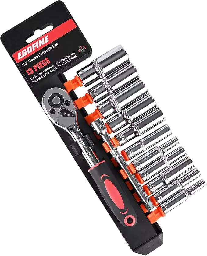 Egofine 13PCS 1/4" Drive Deep Socket Set,Metric(4-14MM),6-Point, Cr-V Steel