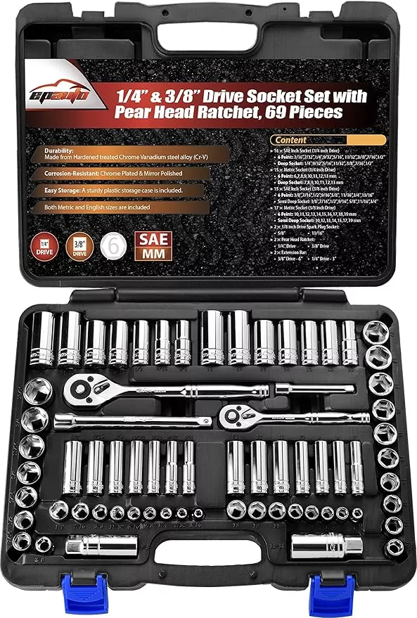 EPAuto 69 Pieces - 1/4" & 3/8" Drive Socket Set with Pear Head Ratchet, Chrome (92-824)