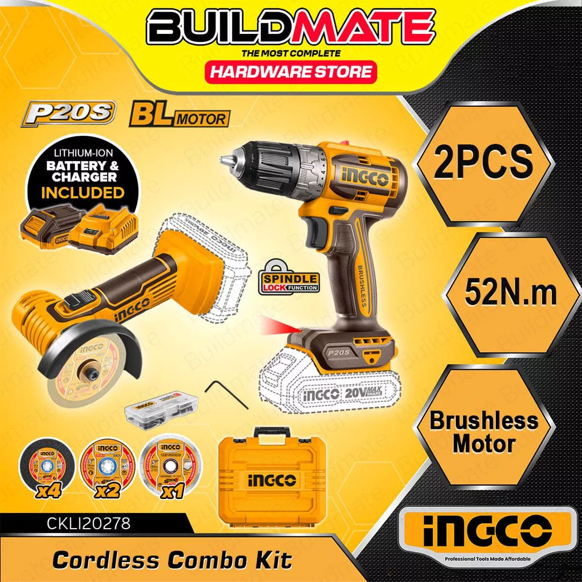 (EXCLUSIVE) BUILDMATE Ingco 2PCS Combo Set 20V Cordless Drill & Mini Cut-Off Tool Compact Brushless Motor CKLI20278 – IPX