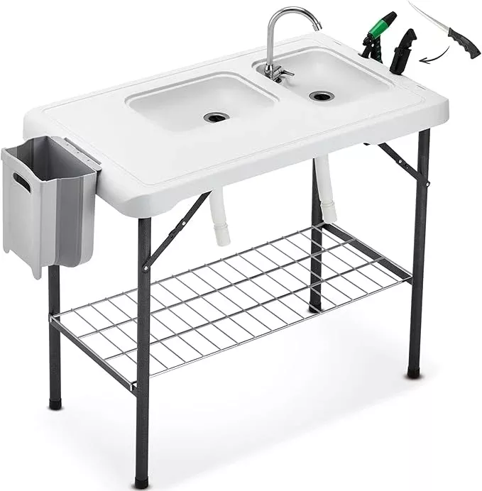 Folding Fish Cleaning Table Portable Camping Double Sinks Table w/2 Dual Water Basins, Faucet Drainage Hose & Sprayer Outdoor Fish Fillet Cleaning Station w/Knife, Storage Box,Black