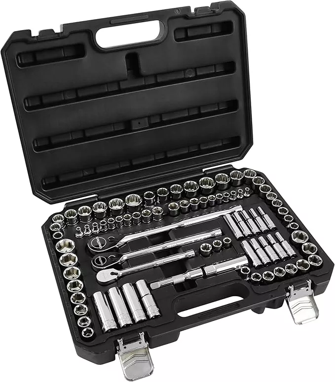 GreatNeck HC82U 82-Piece Mechanic's Tool Set – SAE & Metric, 1/4", 3/8", 1/2" Drive Socket Set, Chrome Vanadium, Posi-Grip No-Slip™, Reversible Ratchets, Storage Case Included