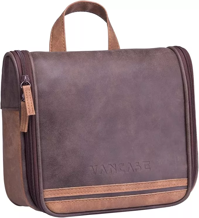 Hanging Toiletry Bag for Men VANCASE Vintage Leather Shaving Dopp Kit Medium Waterproof Travel Bathroom Bags Portable Shower Organizer