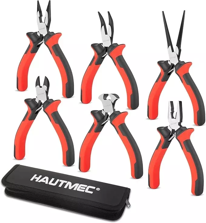 HAUTMEC 6PCS Mini Pliers Set High Leverage Multi Small Pliers Tool Set with Needle Nose, Linesman, Long Nose, Bent Nose, Diagonal Cutters, End Cutting Plier for Jewelry, Electronic and Crafts HT0275