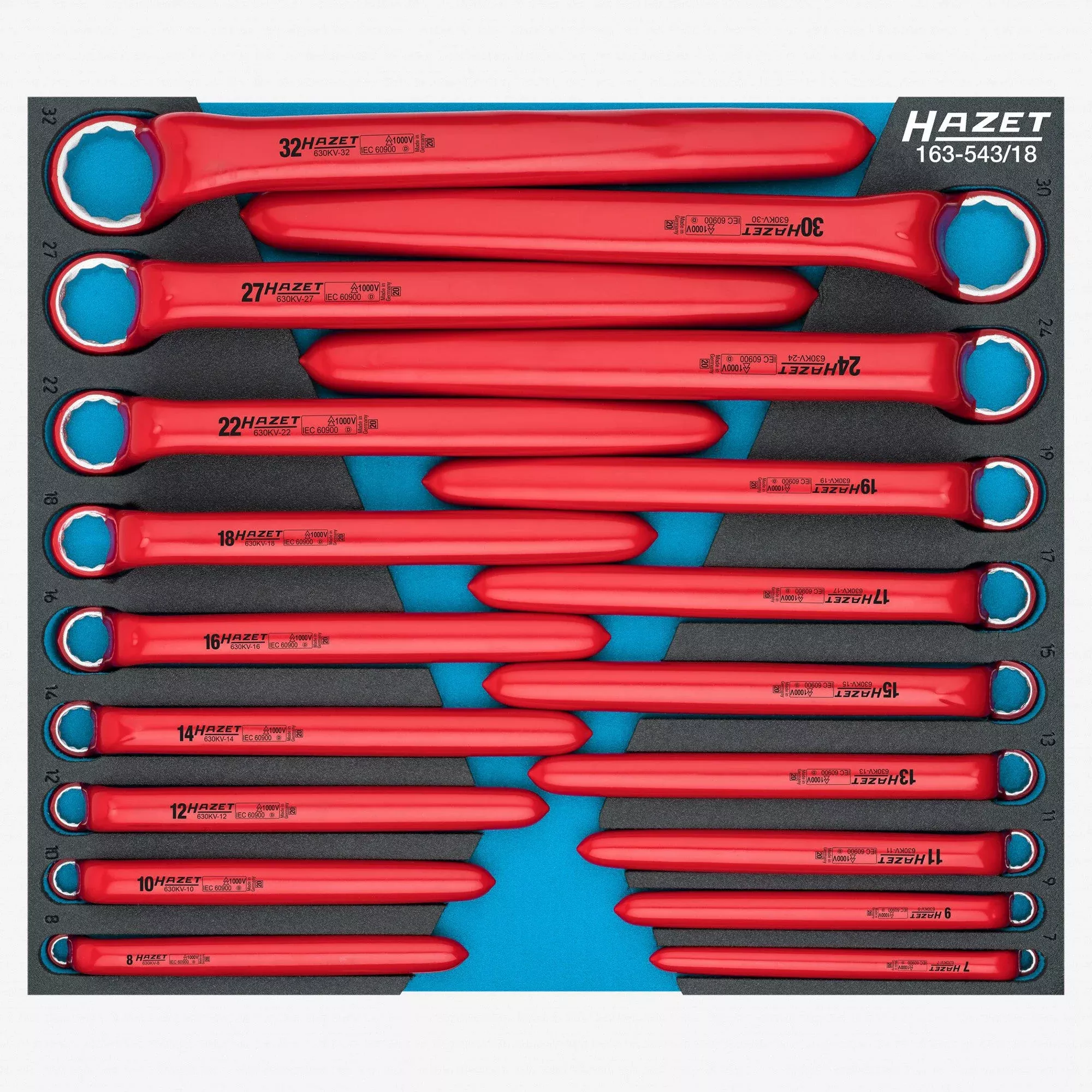 Hazet 630KV VDE Insulated Metric Box End Wrench Set, 7 - 32 mm, 18 Pieces