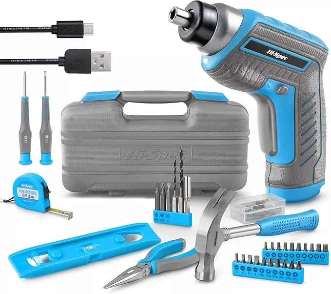 Hi-Spec 35pc Blue Tool Kit with 3.6V USB Electric Screwdriver and Drill set. Complete General Tool Set