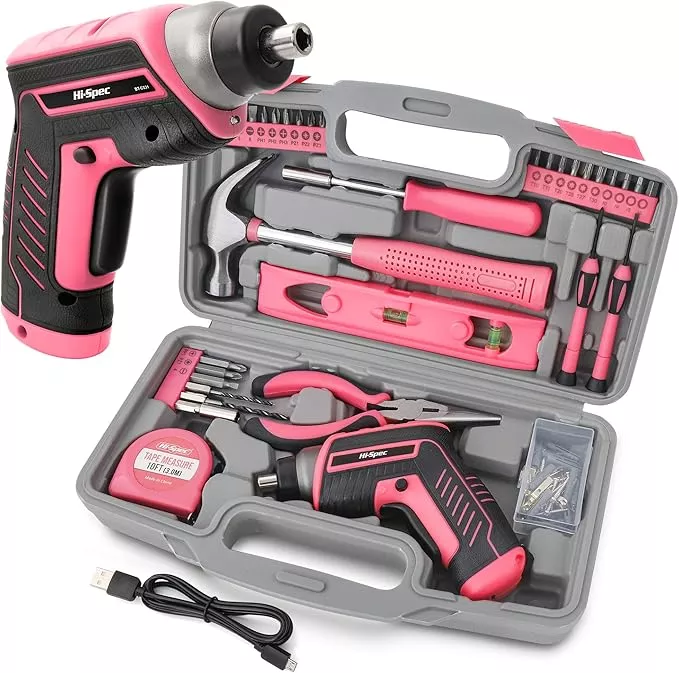 Hi-Spec 35pc Pink Tool Kit with 3.6V USB Electric Screwdriver and Drill Set. Complete Women Tool Set