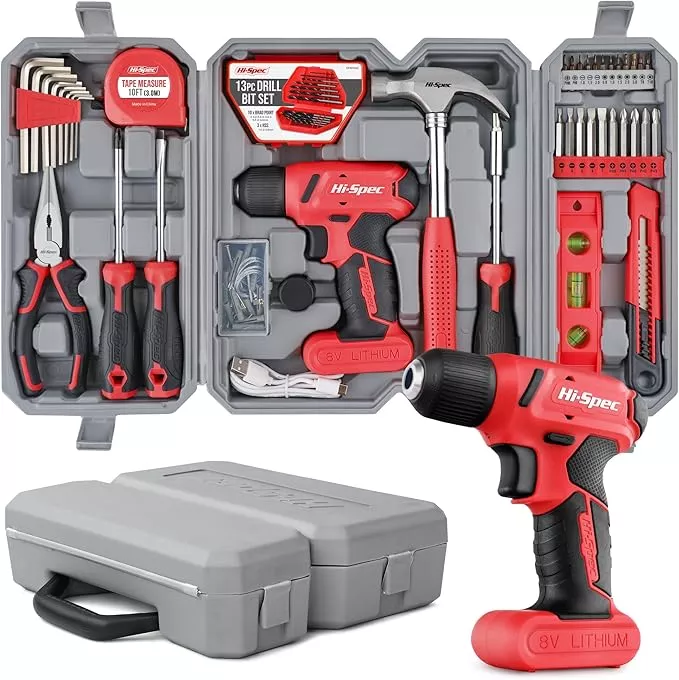 Hi-Spec 58pc Red 8V USB Electric Power Cordless Drill Driver and Home DIY Tool Kit Set. Screw Driver and Drill Bit Set Accessories, Pliers and Hammer In a Toolbox Case